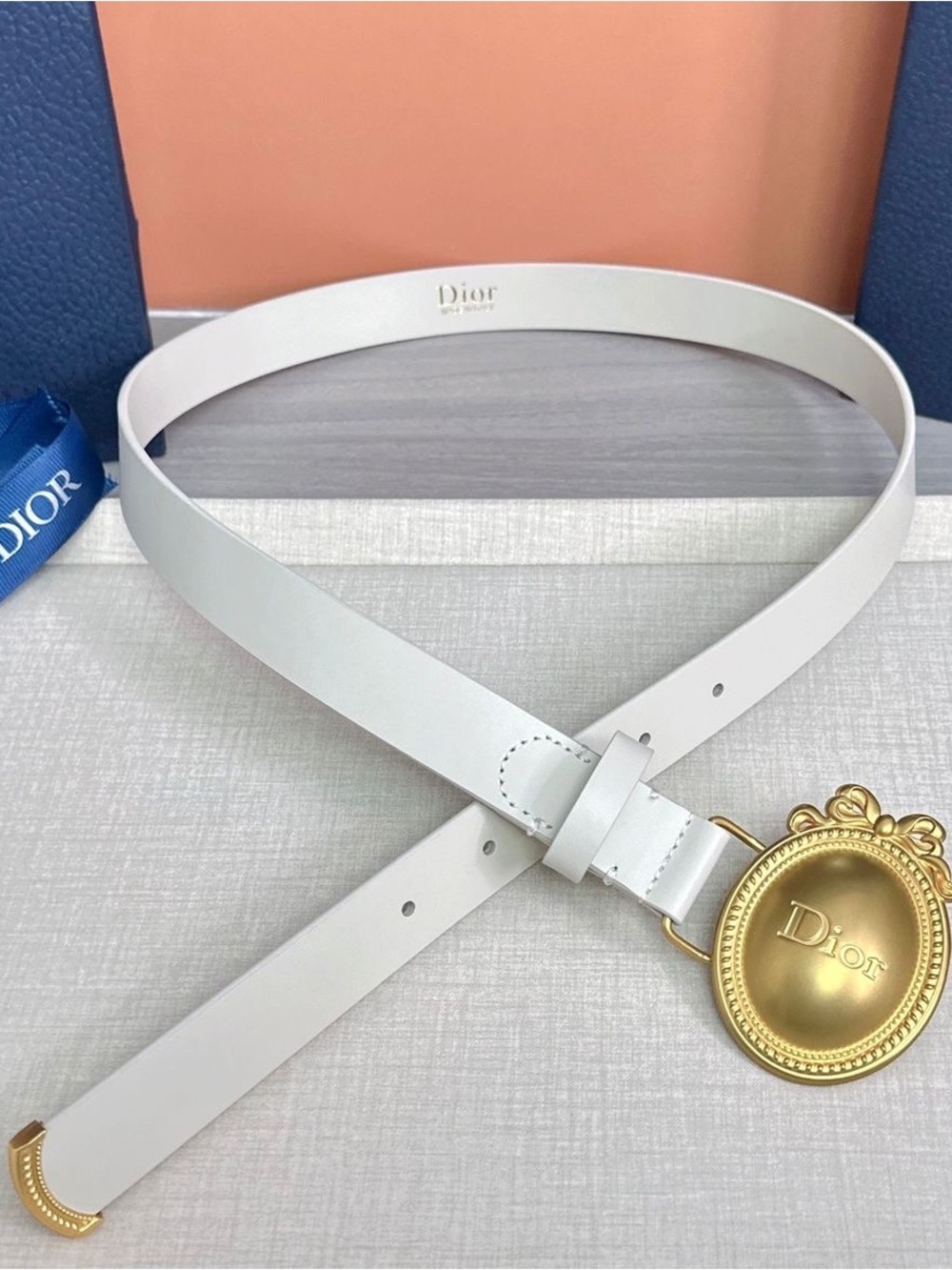 White Leather Belt with Gold Medallion Buckle
